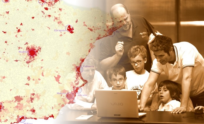 Pictures: Population density in Spain by Susana Freixeiro, license CC BY-SA 3.0 and Kids, Adults and Computers at Hack4Kids by Alexandre Dulaunoy, license CC BY-SA 2.0